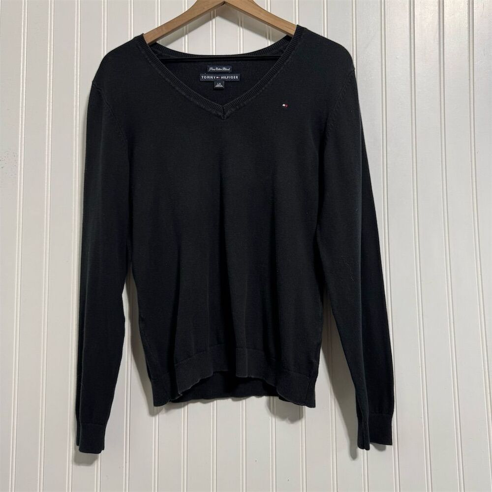 Tommy Hilfiger L Black Pima Cotton V-Neck Sweater Y2K Prep Academia Twee Knit